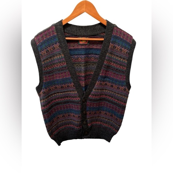 VTG ALPS Men’s Wool Blend Sweater Vest Sz M Button Down Jewel Tones/Gray Grandpa - Picture 1 of 6